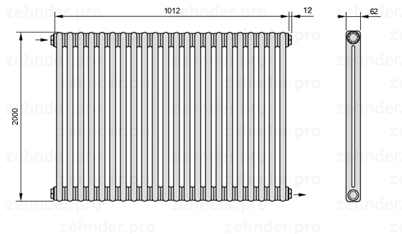 Схема (чертеж) Радиатор Zehnder Charleston 2200/22 №1670 Белый глянцевый RAL 9016